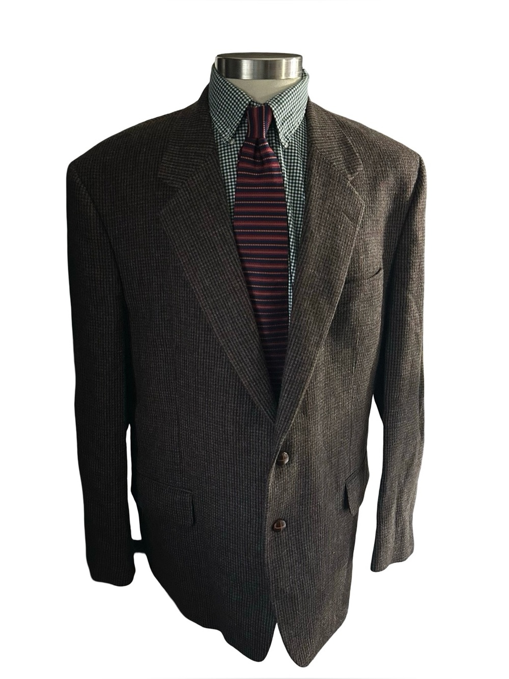 Vtg Warren Scott Brown Houndstooth Tweed Blazer Jacket Men Sz 46R Made In Poland